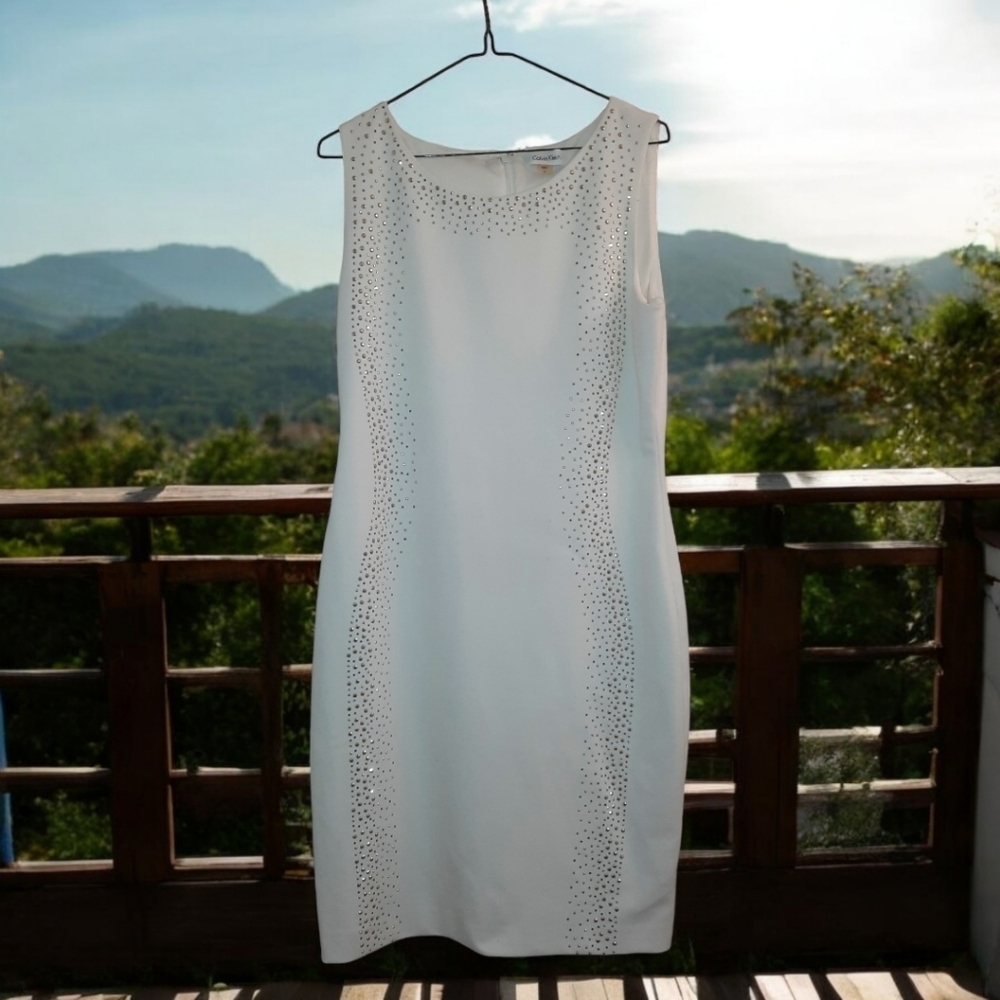 Calvin Klein White  Studded Panel Stretch Jersey Sheath Dress, Size 12